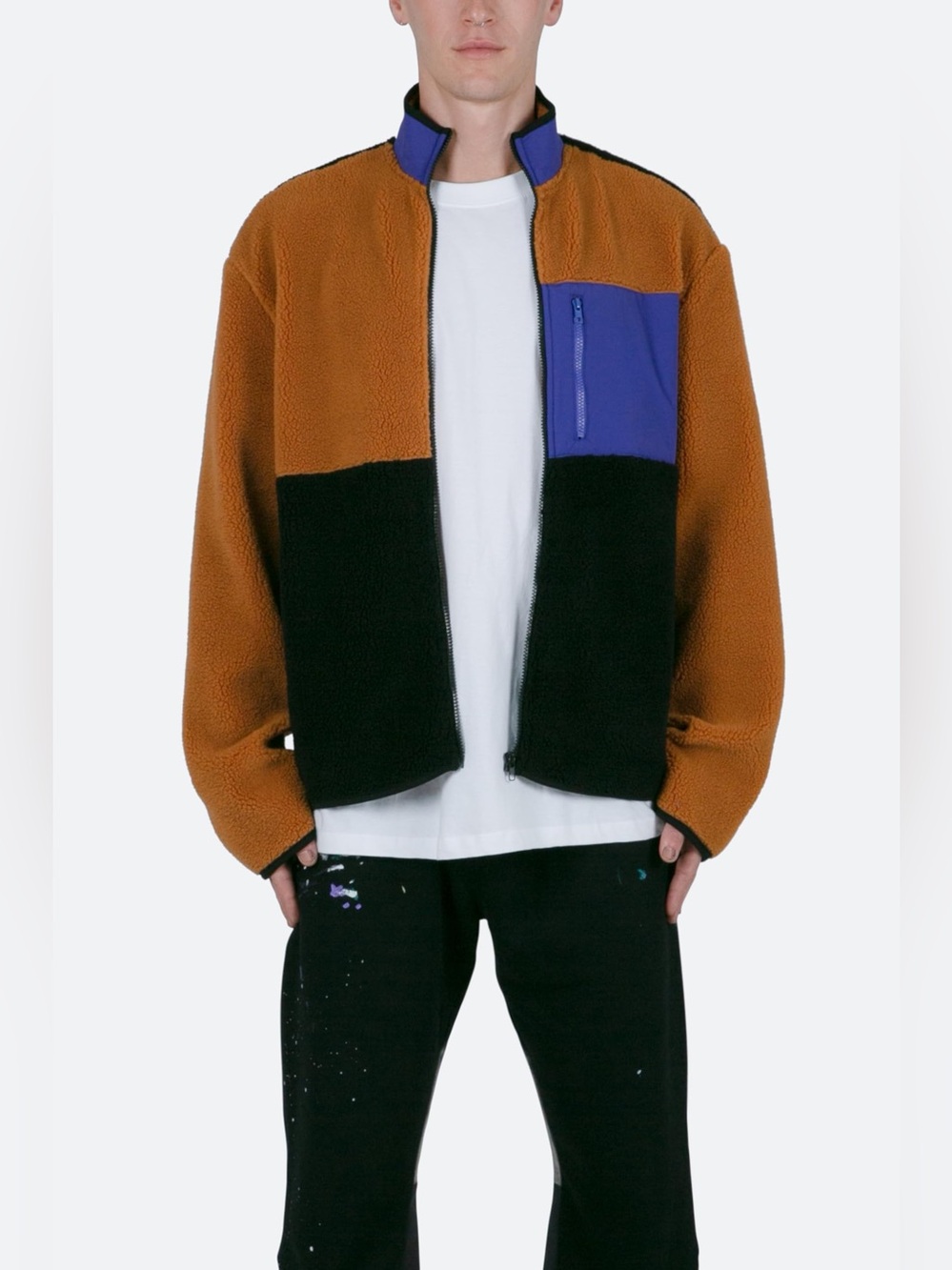 MNML Colorblock Sherpa Zip-Up Jacket in Brown, Black & Blue
